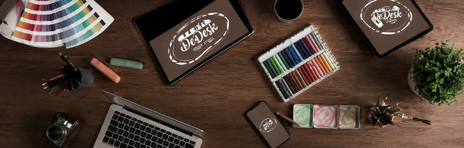 Creative workspace with mockups and color swatches